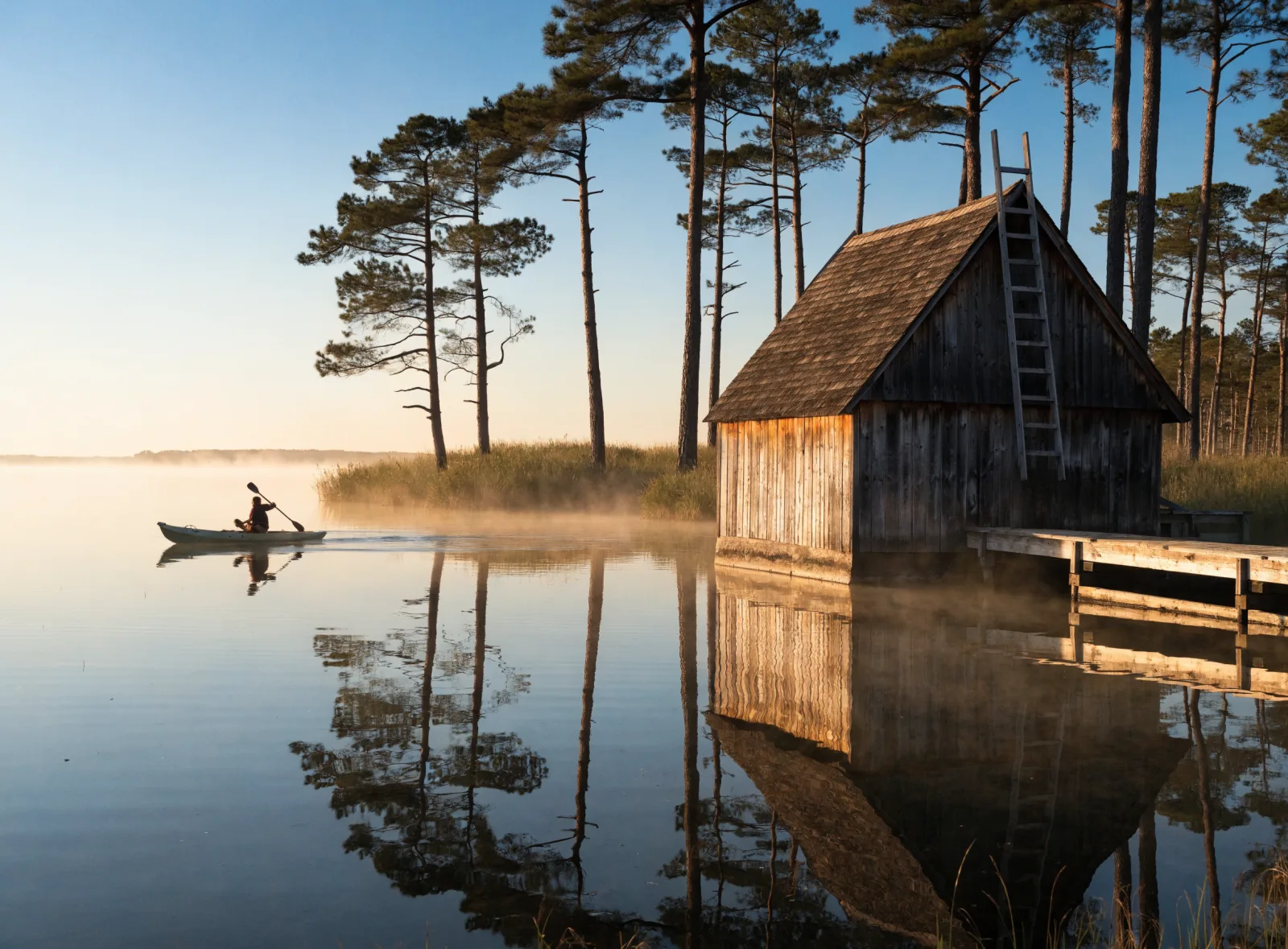 Paddler on calm dune lake water at dawn near a wooden boathouse dock