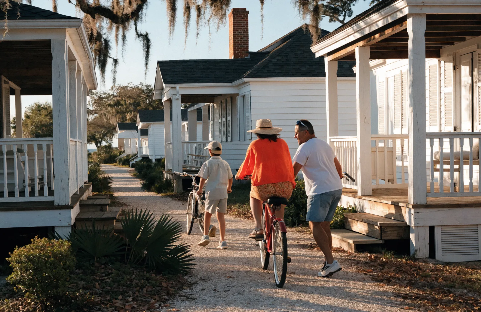 Family walking beach cruiser bikes along a path between white cottages with deep porches